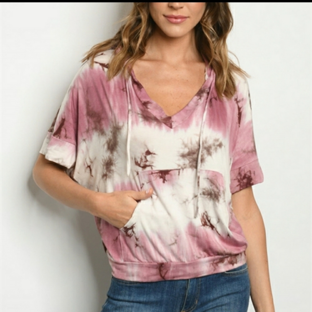 Short Sleeve Banded Tie Dye Lightweight Hoodie - Picture 3 of 5